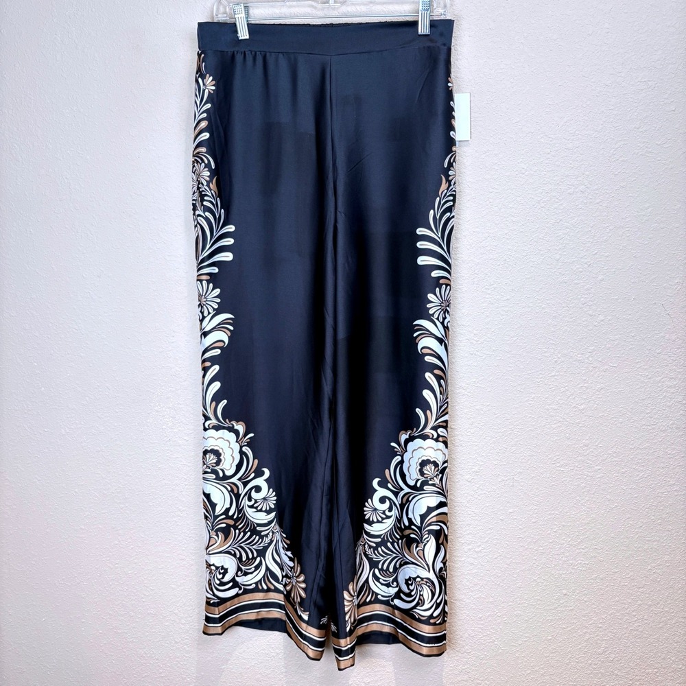 Ellen Tracy Womens Size M Black Gold Floral Wide Leg Satin Palazzo Pants
